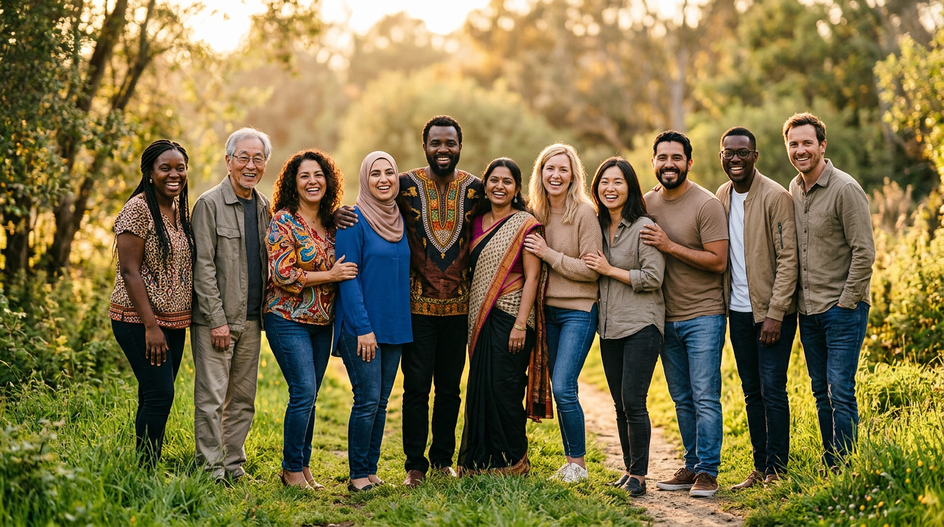 Diverse group of people from around the world smiling together